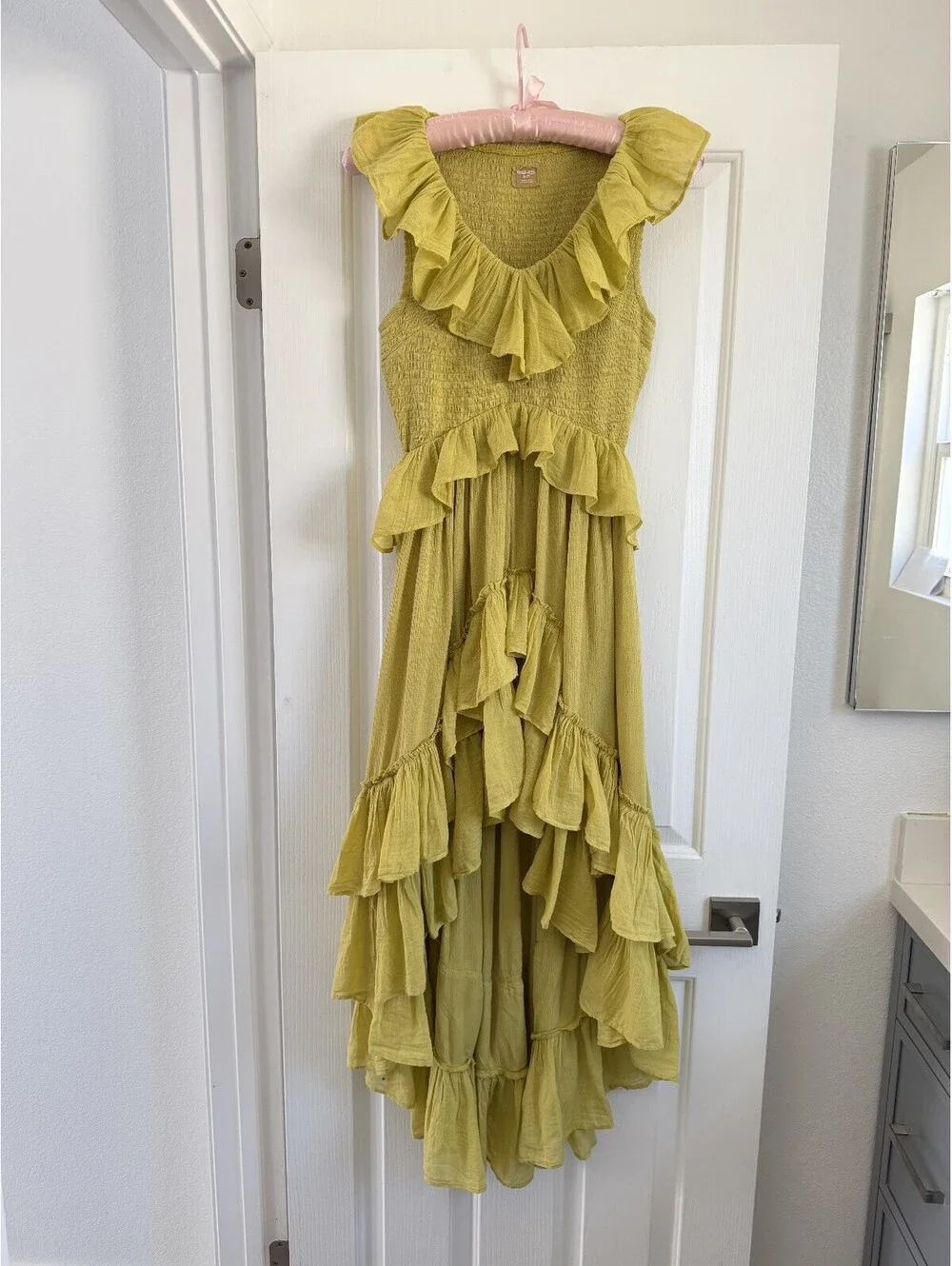 Free-est (Free People) Chartreuse Ruffle Smocked High-Low Maxi Dress | Size XS